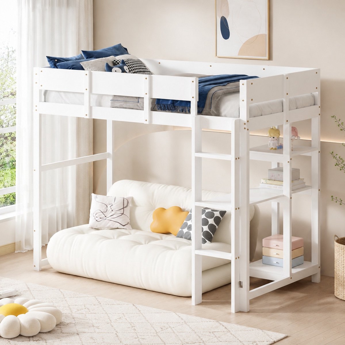 WUVRIE Hoogslaper 90 x 200 cm met opbergplank, lattenbodem en veiligheidshekken, wit