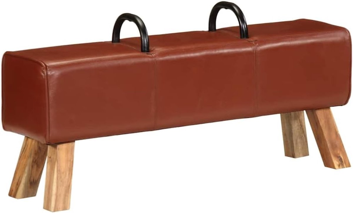 Turnbock-bank met acaciahouten bekleding, 110 cm lang, bruin en echt leer, bekleding voor robuuste training en comfortabele zitervaring, met massief houten frame en zacht