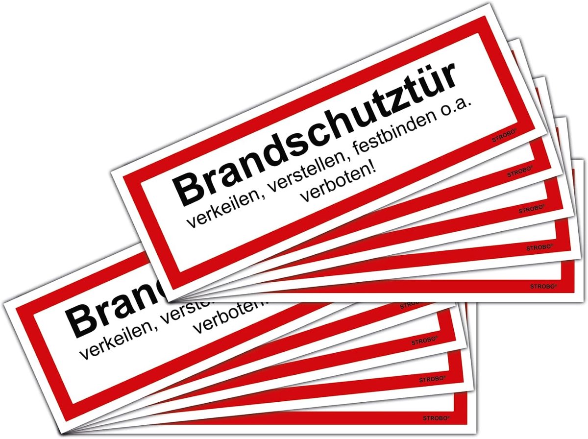 10 stuks brandwerende deurstickers 21 x 7,2 cm outdoor | brandwerende deur wielen, verstellen, vastbinden of iets dergelijks verboden waarschuwingen, verbodsborden, waarschuwingsteken, veiligheidsteken