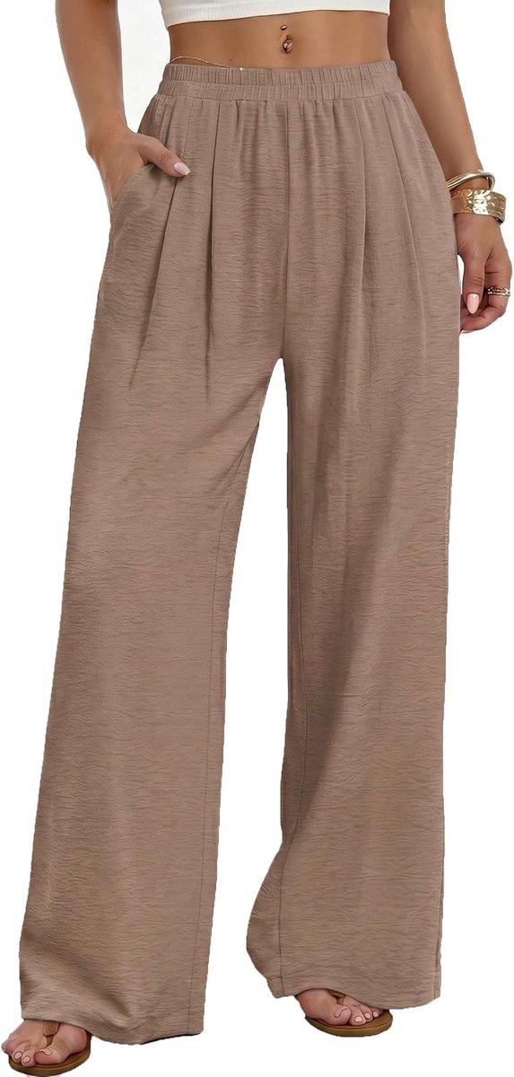 Damesbroek met wijde pijpen, elegante stoffen broek, vloeiende palazzo-broek, elastische taille en zakken, losse chiffon vrijetijdsbroek
