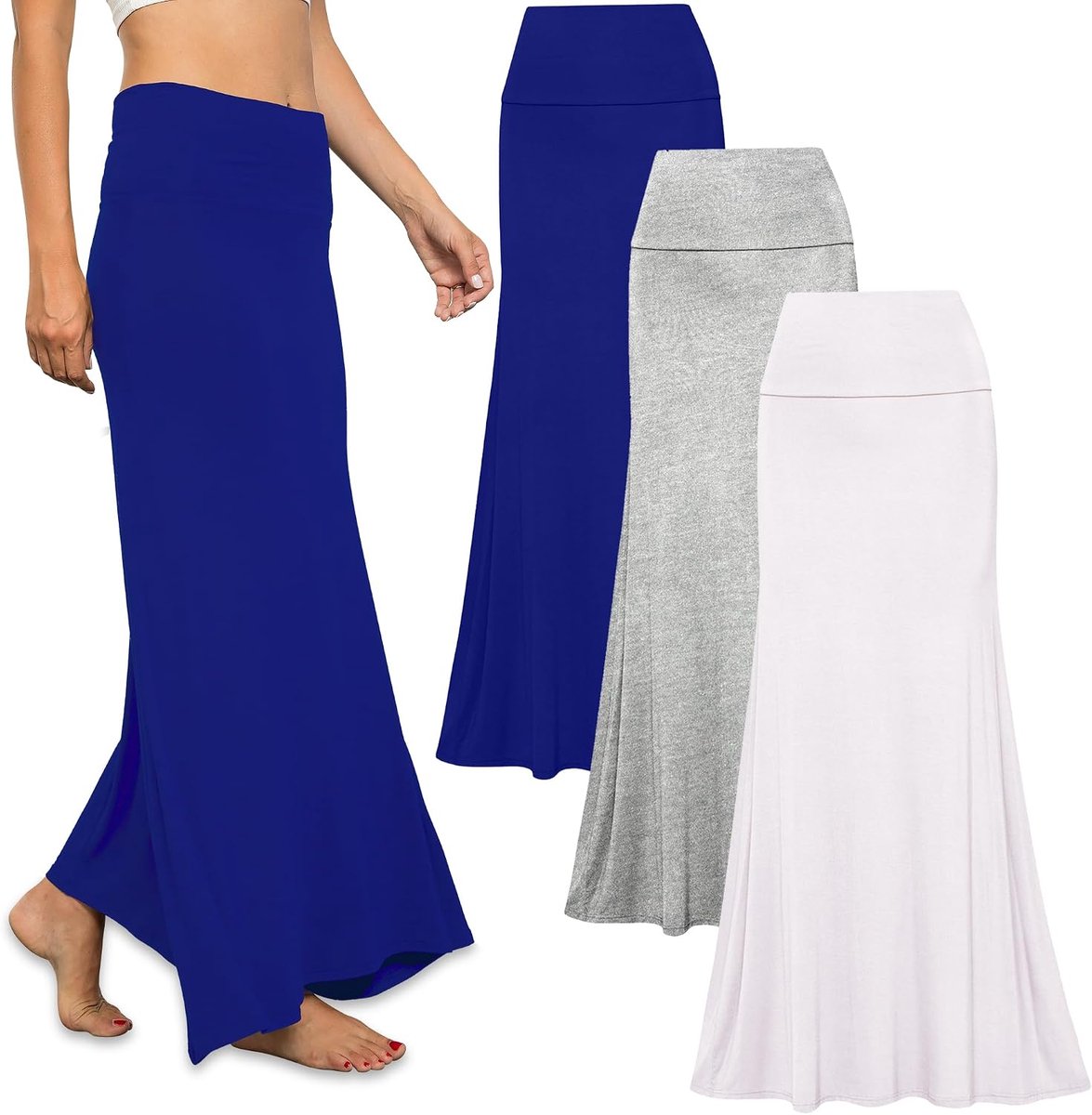 To Live 3 Pack Long Skirts for Women Fall Winter Flowy Maxi Skirt High Waist Fold Over (Small,Heather Grey, Royal Blue, White)