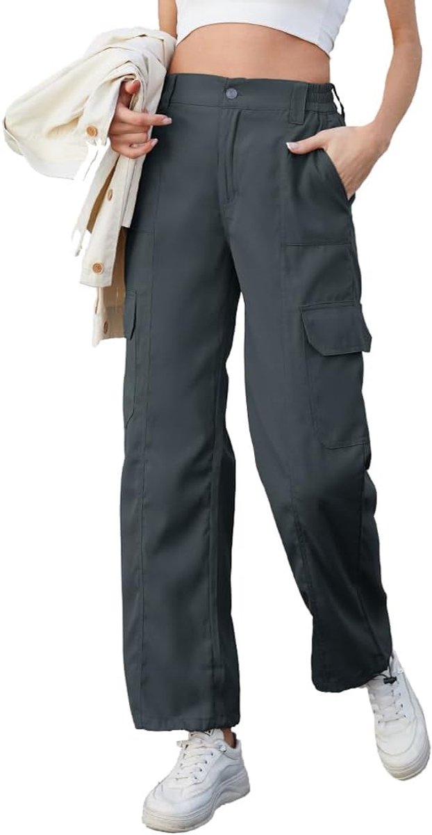 Cargobroek voor dames, hoge taille, brede pijpen, broek met meerdere zakken, baggy stretch, cargo broek, wandelbroek