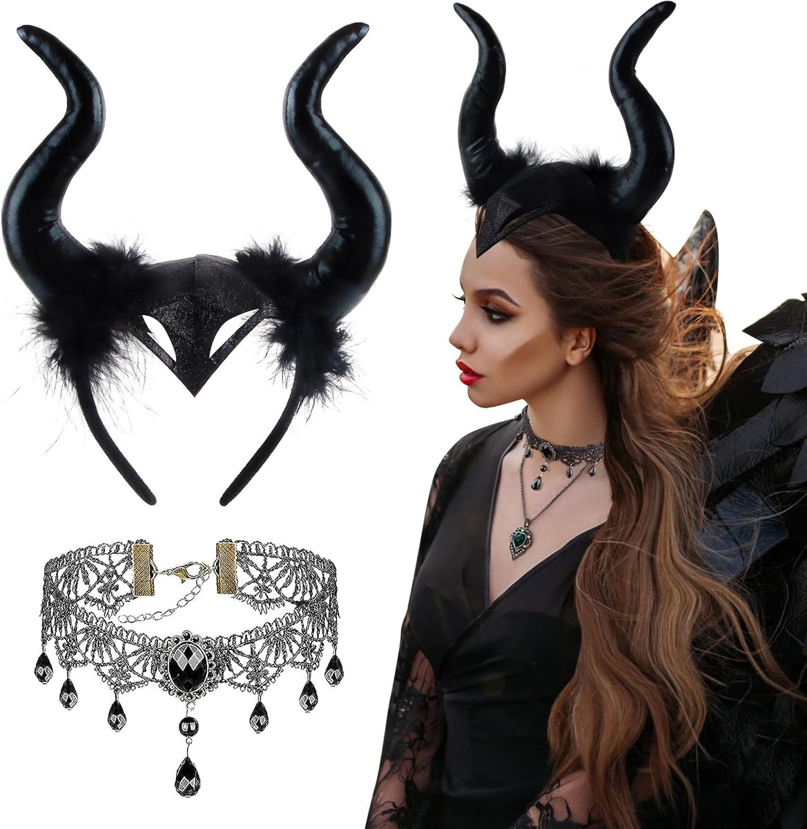 2 stuks koningin-hoorns met gothic retro kanten halsketting, duivel-haaraccessoires, hoorn-haarband, Halloween dameskostuum voor carnaval, maskerade, cosplay, carnaval