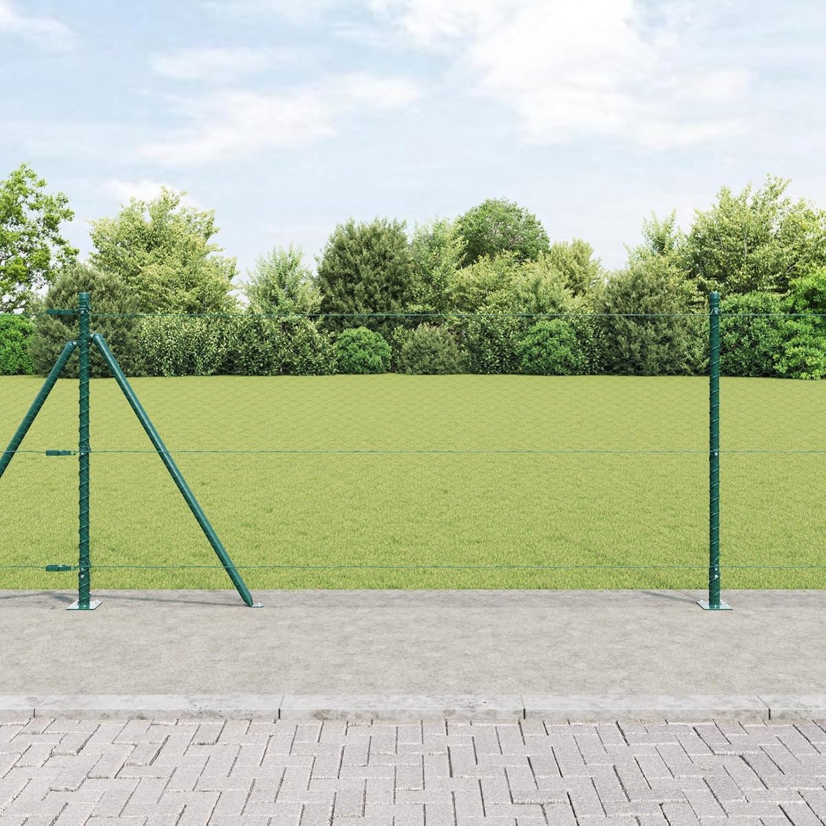 Zeshoekige omheining groen, 1 x 10 m staal, hekpalen met grondplaten, 7 stuks, Ø 32 mm, 110 cm, verzinkt staal, tuinhek, draadomheining voor hekken, groentebedden, kippenhokken, weidegrond
