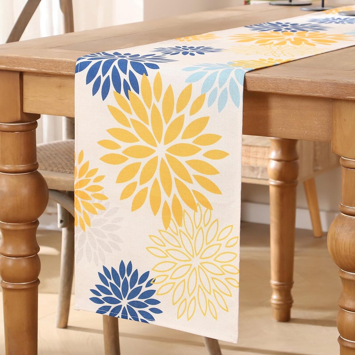 Tafelloper mosterdgeel marineblauw bloemen dahlia's tafelloper modern herfst seizoensgebonden tafeldecoratie tafelkleed voor bruiloft eetkamer binnen vakantie party decoratie 40 x 140 cm