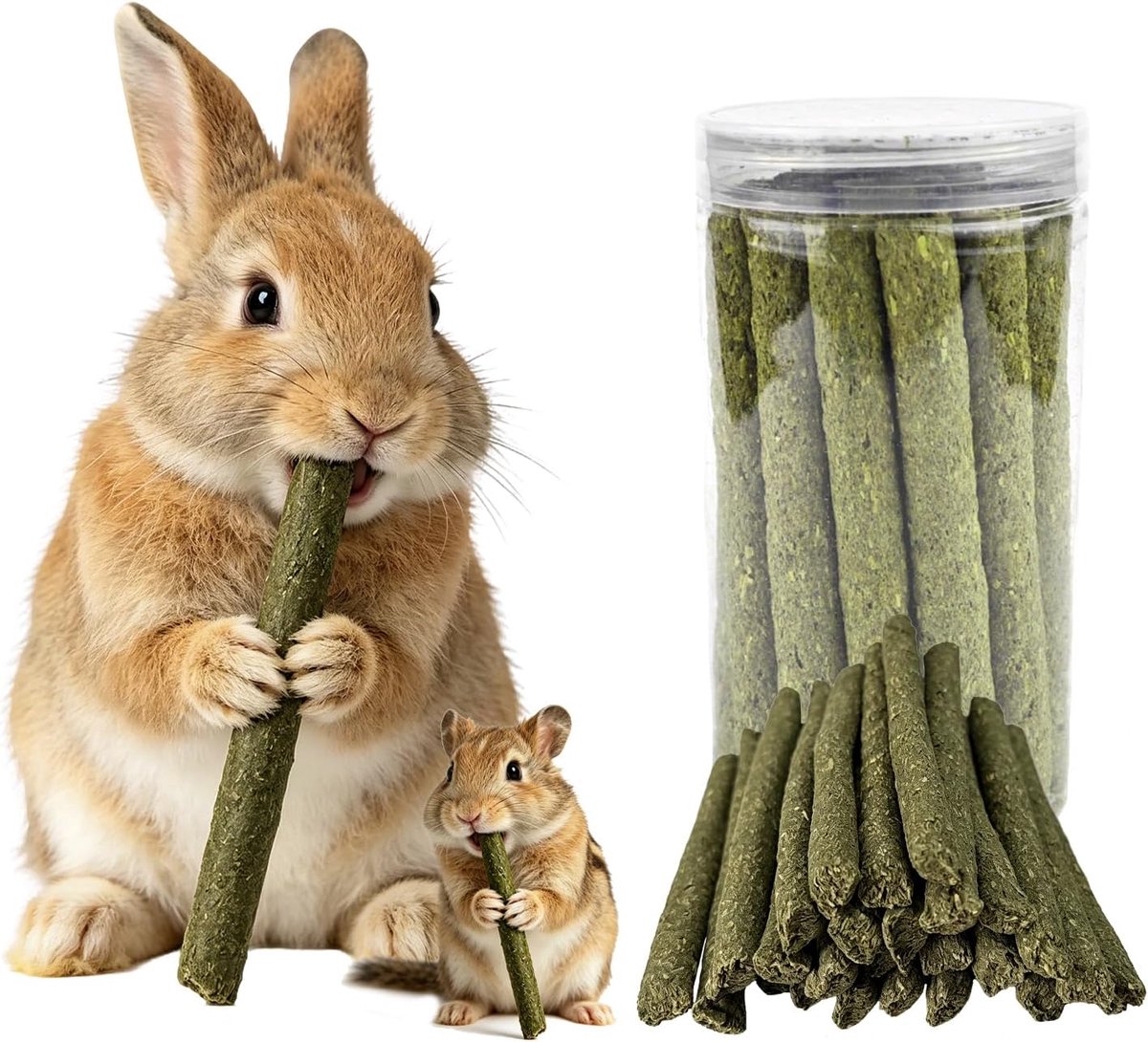 Hooisticks voor konijnen en knaagdieren, 24 stuks knabbelstokken van Timothy-hooipoeder, rijk aan vezels, dagelijkse knabbelsticks voor konijnen, cavia's en chinchilla's
