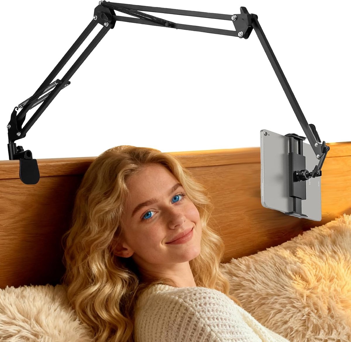 bedtablethouder, verstelbare zwanenhals met verstelbare arm, geschikt voor iPhone en smartphones en tablets van 4,7-12,9 inch