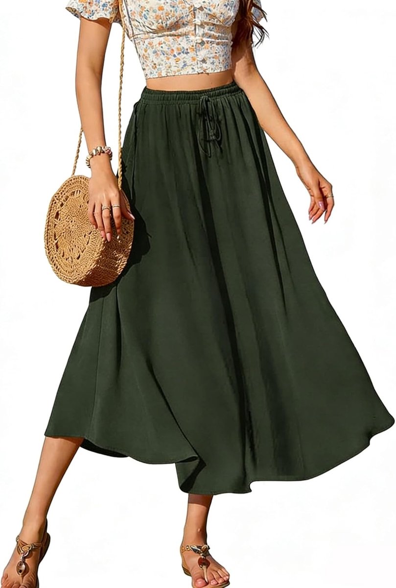 Rok voor dames, elegant, met hoge taille, maxi-rok met trekkoord, casual, trapezium, elastische rok, trapeziumrok, strandrok