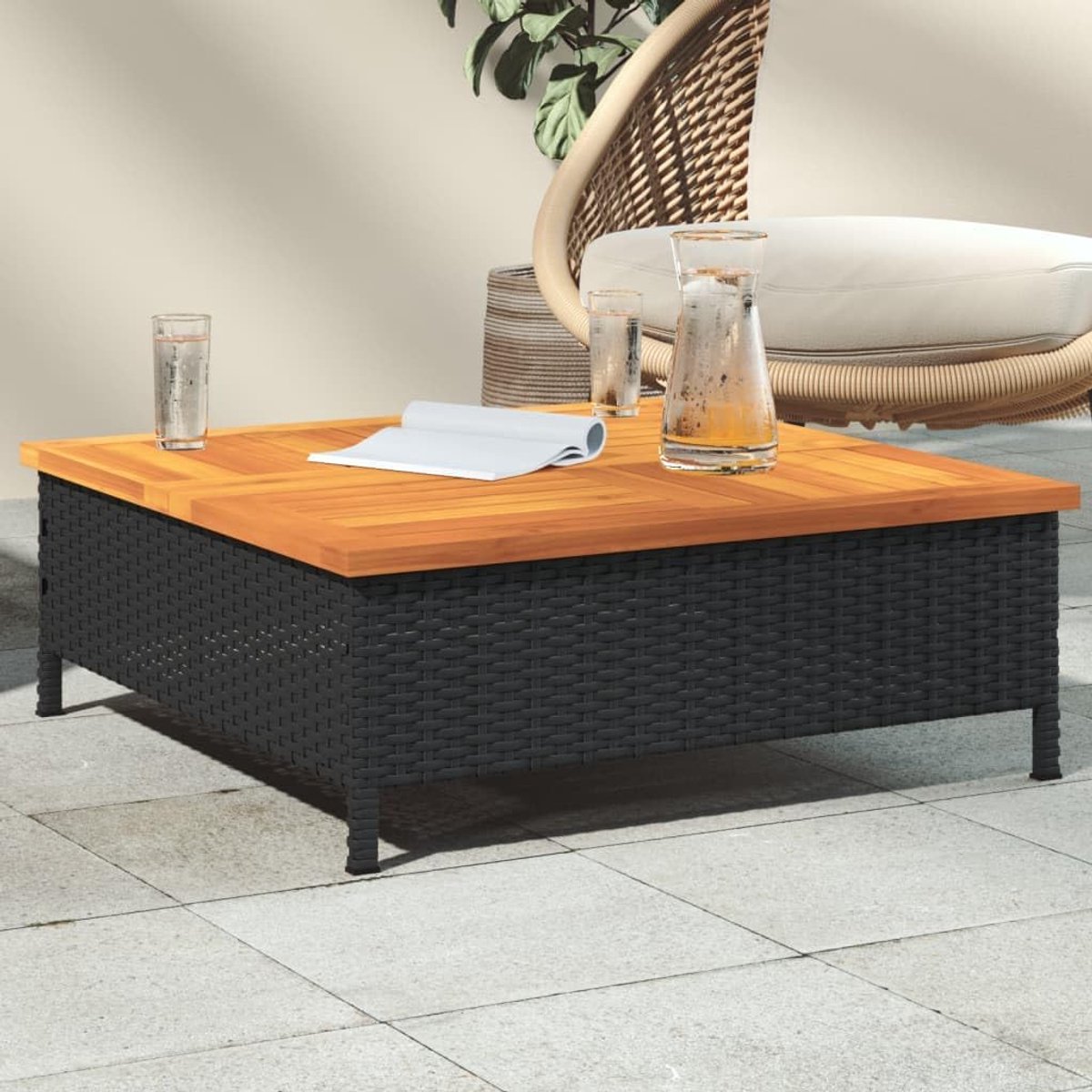 Tuintafel, terrastafel, balkontafel, eettafel, outdoor, bistrotafel, tuintafel, theetafel, houten tafel, koffietafel, eetkamertafel, campingtafel, zwart, 70 x 70 x 25 cm, rotan en acaciahout