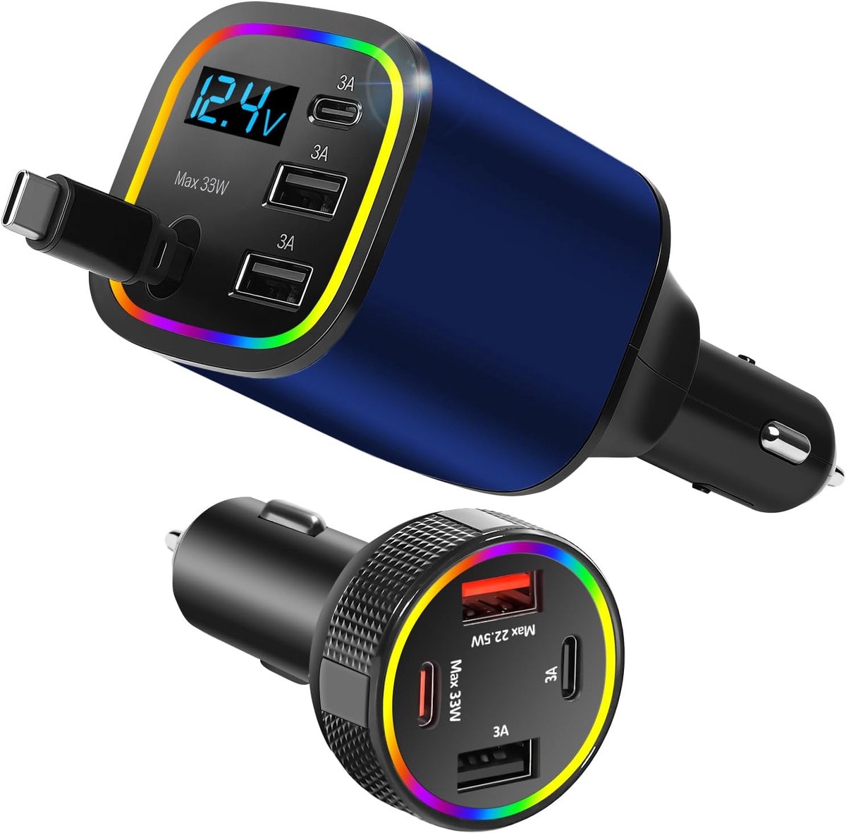 USB, 4 poorten USB sigarettenaansteker adapter 85.5w & 78w 4 in 1 intrekbare autolader USB C met kabel, dual auto-adapter voor iPhone Android. (Deep Blue)