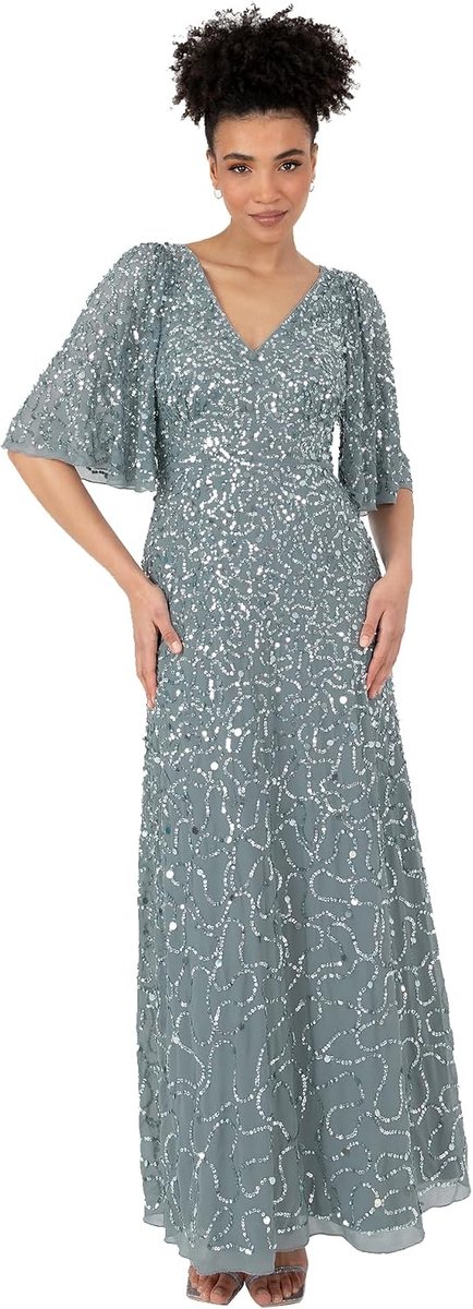 Deluxe Maxi-jurk voor dames, V-hals, korte hengelmouwen, pailletten, versierd, A-lijn, bruidsmeisje, bruiloft, gala, bal, gown, mistgroen, 34, groen, 34