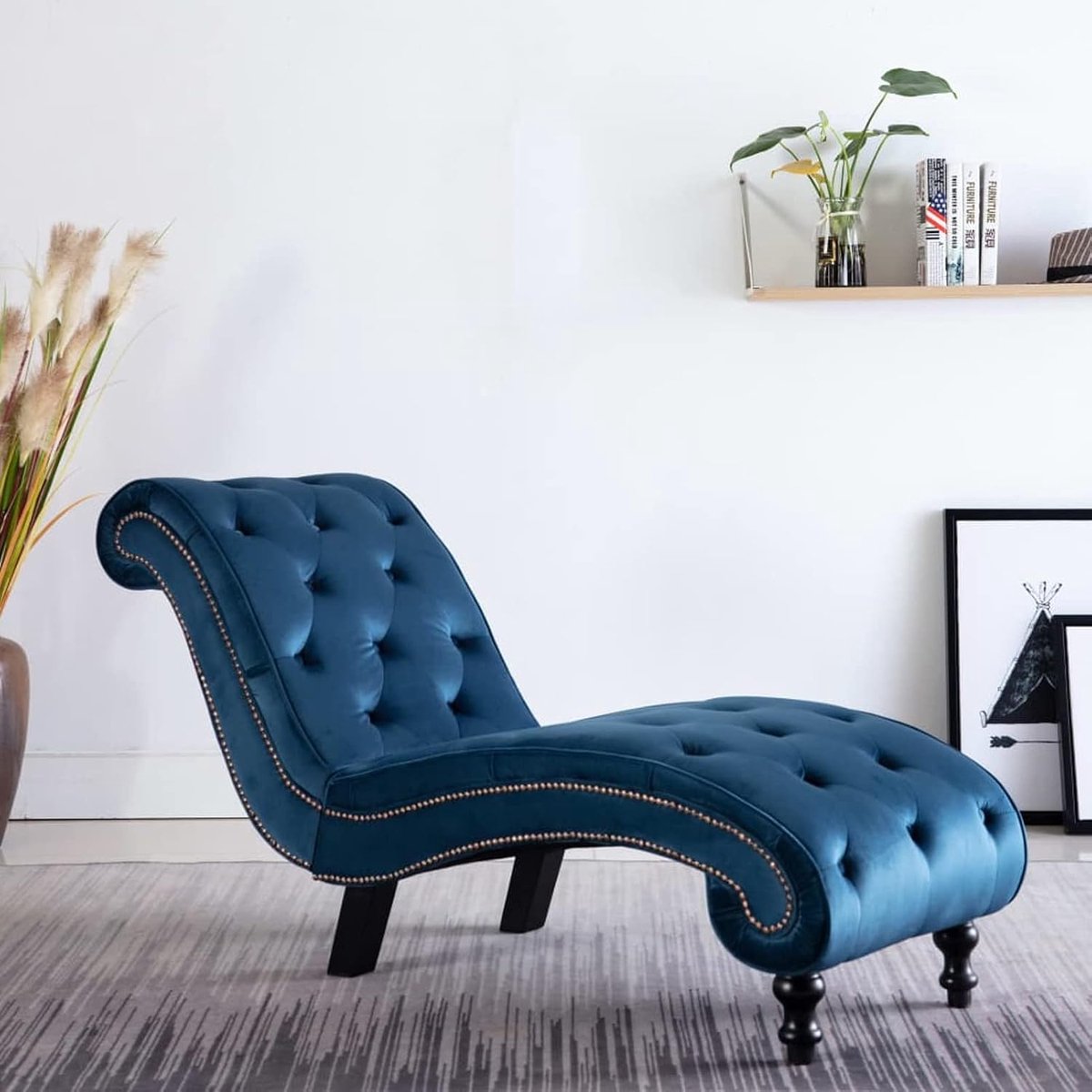 Diwan-Sofa chaise longue, relaxstoel voor woonkamer, ergonomische ligstoel, ergonomische ontspanning voor woonkamer, kantoor van fluweel, blauw