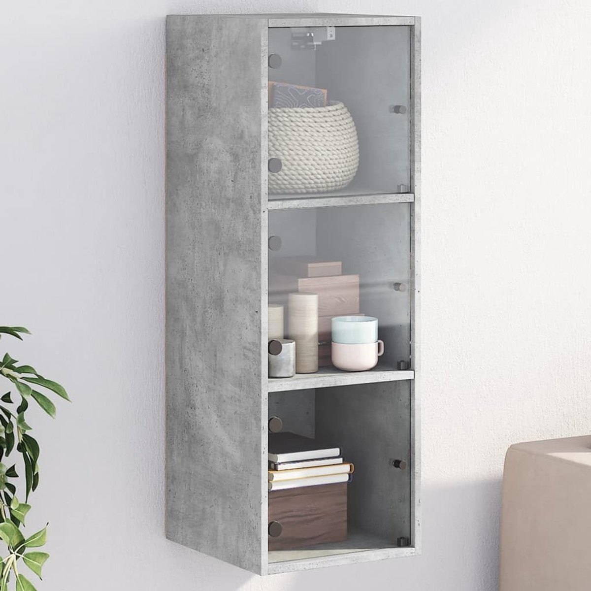 Wandkast met glazen deuren 35x37x100 cm betongrijs muurkast opbergkast hangkast voor woonkamer slaapkamer kantoor boekenkast displaykast zwevende kast met planken industriële design wandmontage