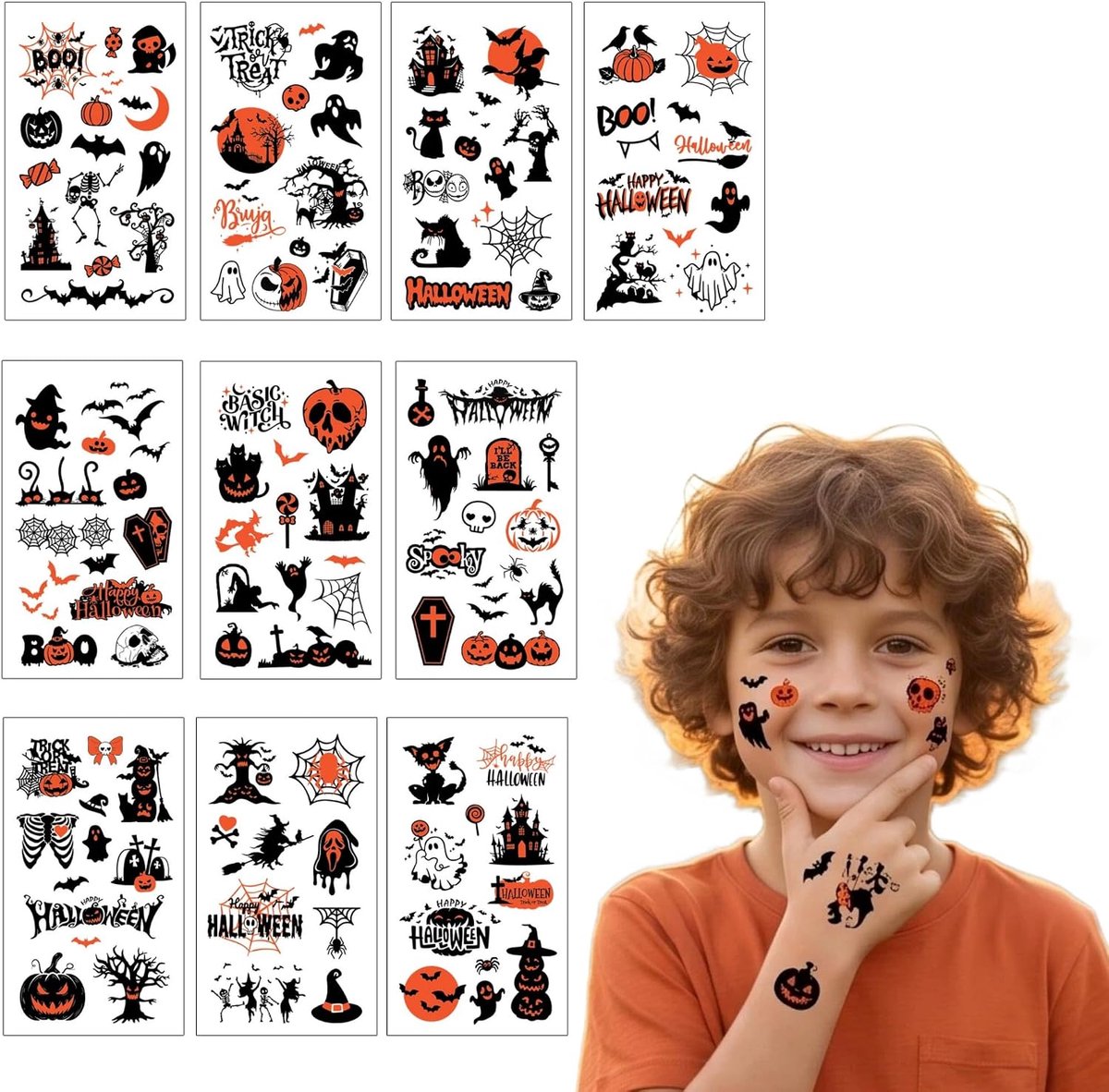 Tijdelijke Tattoos voor Kinderen, Huidvriendelijke Niet Giftige Lichaam en Gezicht Tattoos (Klassieke Halloween Tattoos)