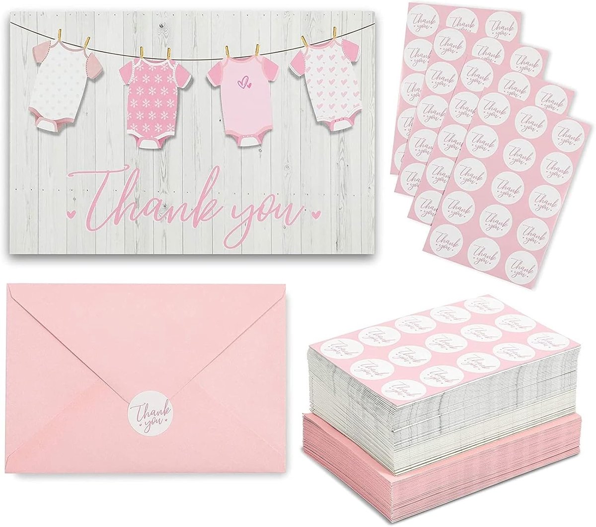 60 Pack Girl Baby Shower Bedankkaarten met roze enveloppen, 60 stickers inbegrepen (waslijn ontwerp, 15 x 10 cm)