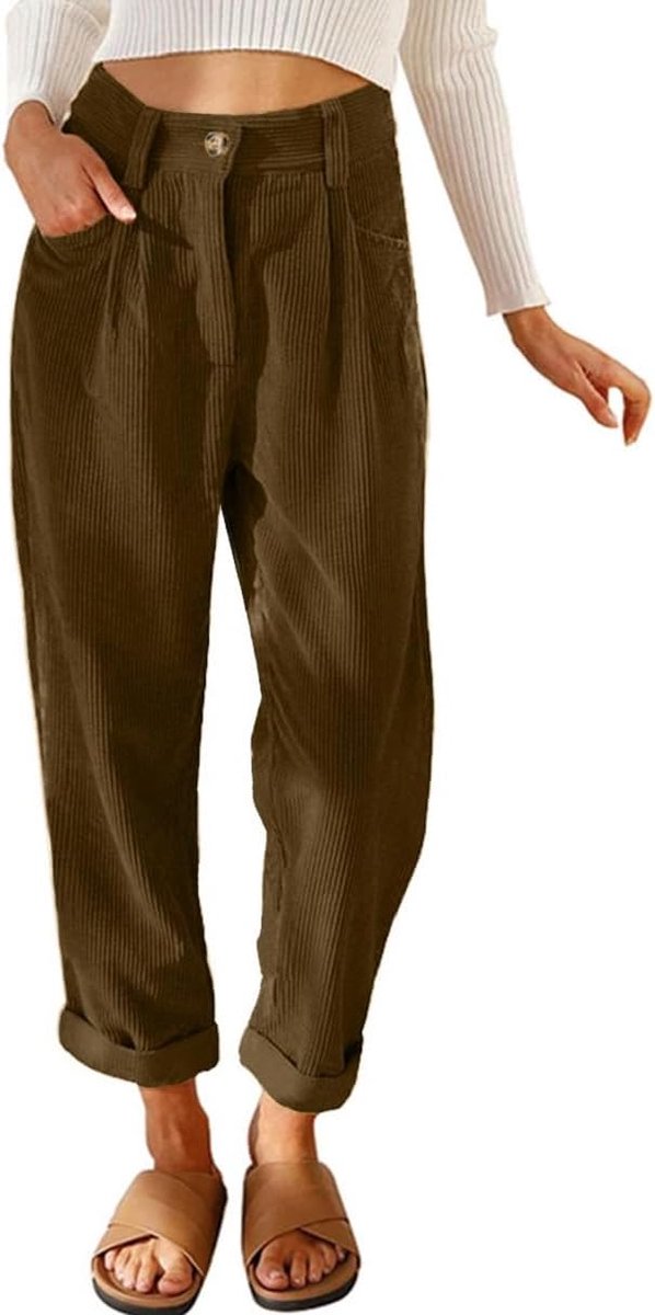 Casual Corduroy Broek Elastische Broek Hoge Taille Herfst Winter Warme Casual Broek met Zakken Brede Chique en Elegante Broek Retro Comfortabel Ademend