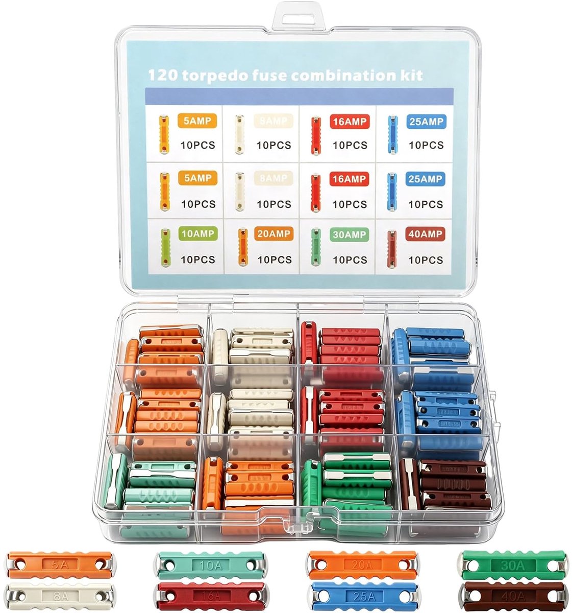 120 stuks 8 soorten torpedozekeringen 5A 8A 10A 16A 20A 25A 30A 40A, kunststof doos, beschermt auto-circuits, voor oude auto's