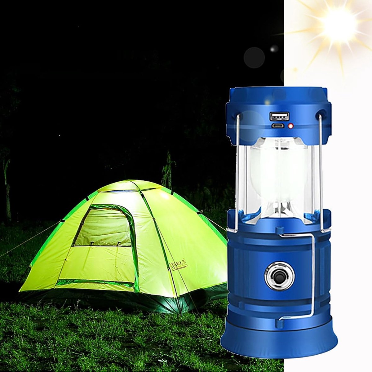 Lamp Camping Lantaarns, ZVO LED Solar Lantaarn, USB Oplaadbare draagbare zoeklicht, opvouwbare zaklamp IP65 waterdicht voor wandelen vissen stroomuitval nood licht(Blauw)