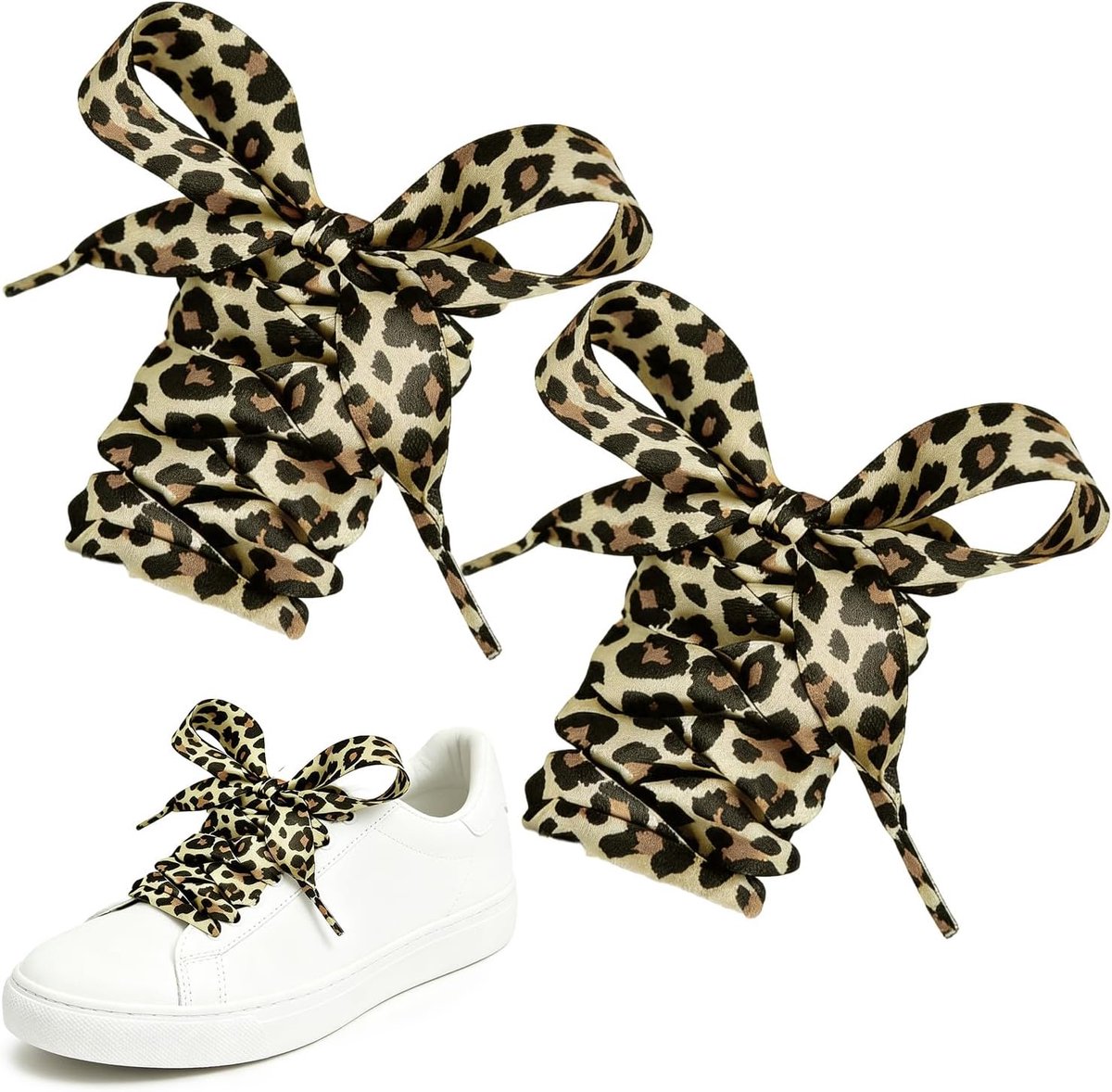 2 paar bruine luipaardprint veters, platte satijnen lintvervanging voor sneakers, modeveters voor dames, voor casual schoenen