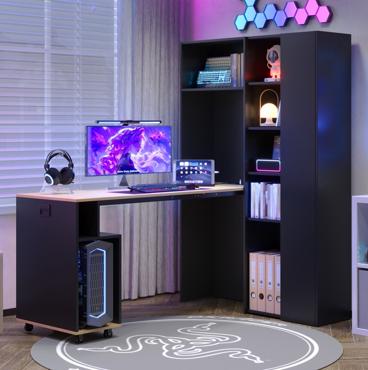 MODENUIT Bureau 104,5x30,5x160 cm - Klapbaar Met Boekenkast en USB - Thuiswerkplek - MDF Zwart/Eiken