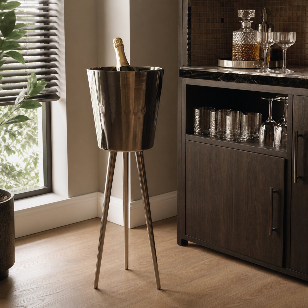 Hoppa! - Champagnekoeler op Standaard - Nikkel - 23 x 23 x 72 (B x D x H)