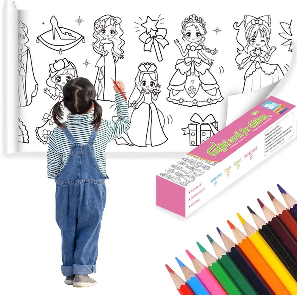 Tekenpapierrol, DIY Tekenrol, Uitknipbaar, Zelfklevend, met 12 Kleurpotloden, voor Kinderen, Studenten, Verjaardagscadeaus (Prinses Patroon)