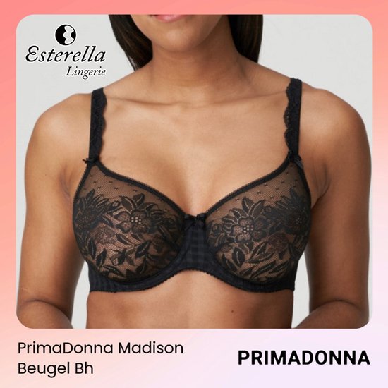 Zwarte PrimaDonna Madison beugelbeha met transparant kant, bloemmotief en ruitjesdetail op de cups.