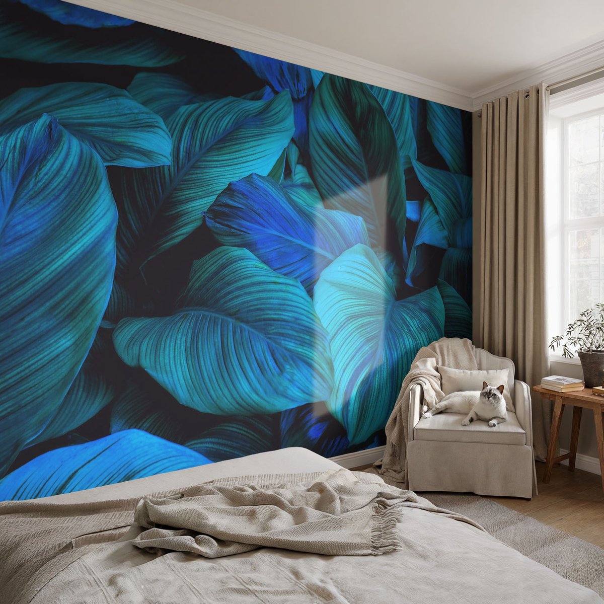 Coloray Vliesbehang - Blauw Snellijm Behang - 104x70 cm - Blauwe Bladeren Muurschildering - Slaapkamer behang Bloemen En Planten - Fotobehang Vlies - Slaapkamer behang