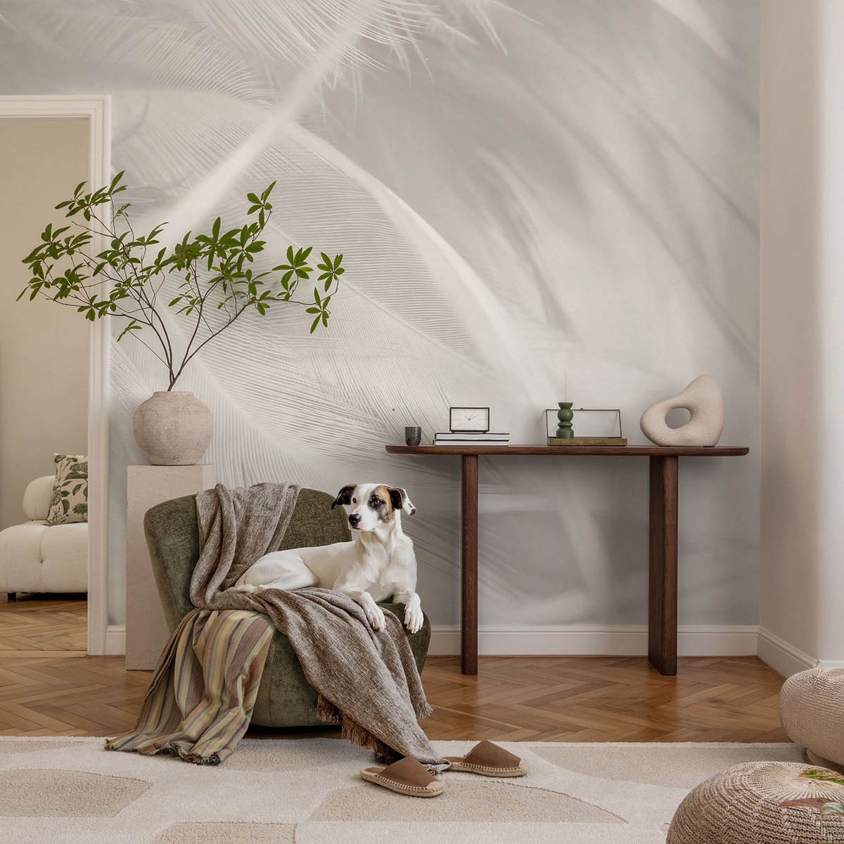 Coloray Vliesbehang - Wit Snellijm Behang - 104x70 cm - Subtiele Veren Muurschildering - Slaapkamer behang Texturen - Fotobehang Vlies - Slaapkamer behang