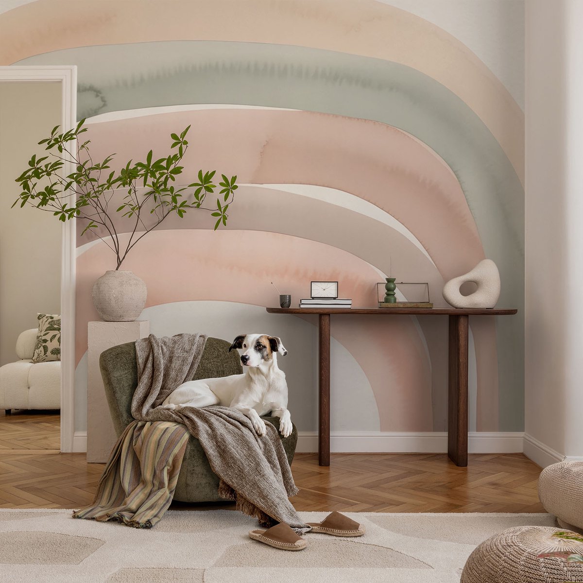 Coloray Vliesbehang - Beige Snellijm Behang - 104x70 cm - Regenboogbogen Muurschildering - Gang behang Abstractie - Fotobehang Vlies - Slaapkamer behang
