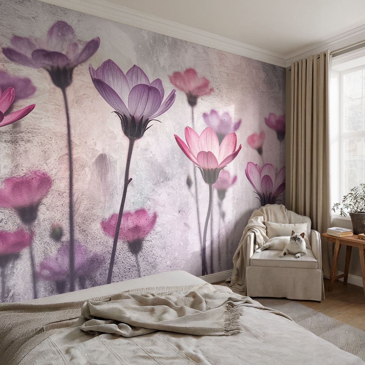 Coloray Vliesbehang - Roze Snellijm Behang - 104x70 cm - Pastelkleurige Bloemen Muurschildering - Slaapkamer behang Bloemen En Planten - Fotobehang Vlies - Slaapkamer behang