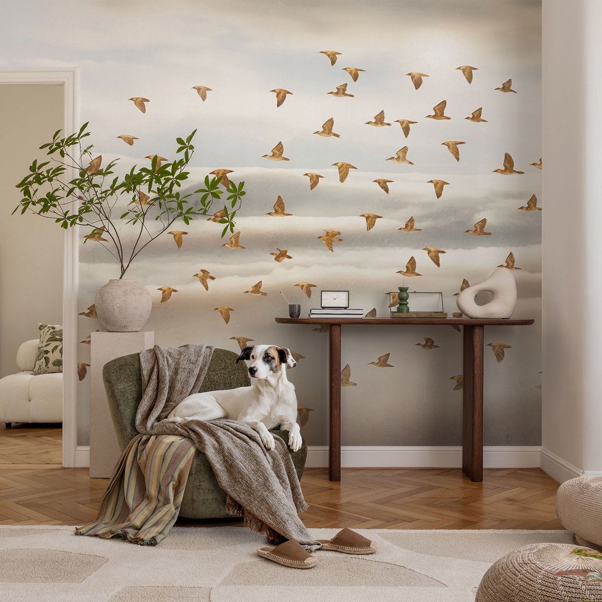 Coloray Vliesbehang - Beige Snellijm Behang - 104x70 cm - Vogels In Vlucht Muurschildering - Gang behang Dieren - Fotobehang Vlies - Slaapkamer behang