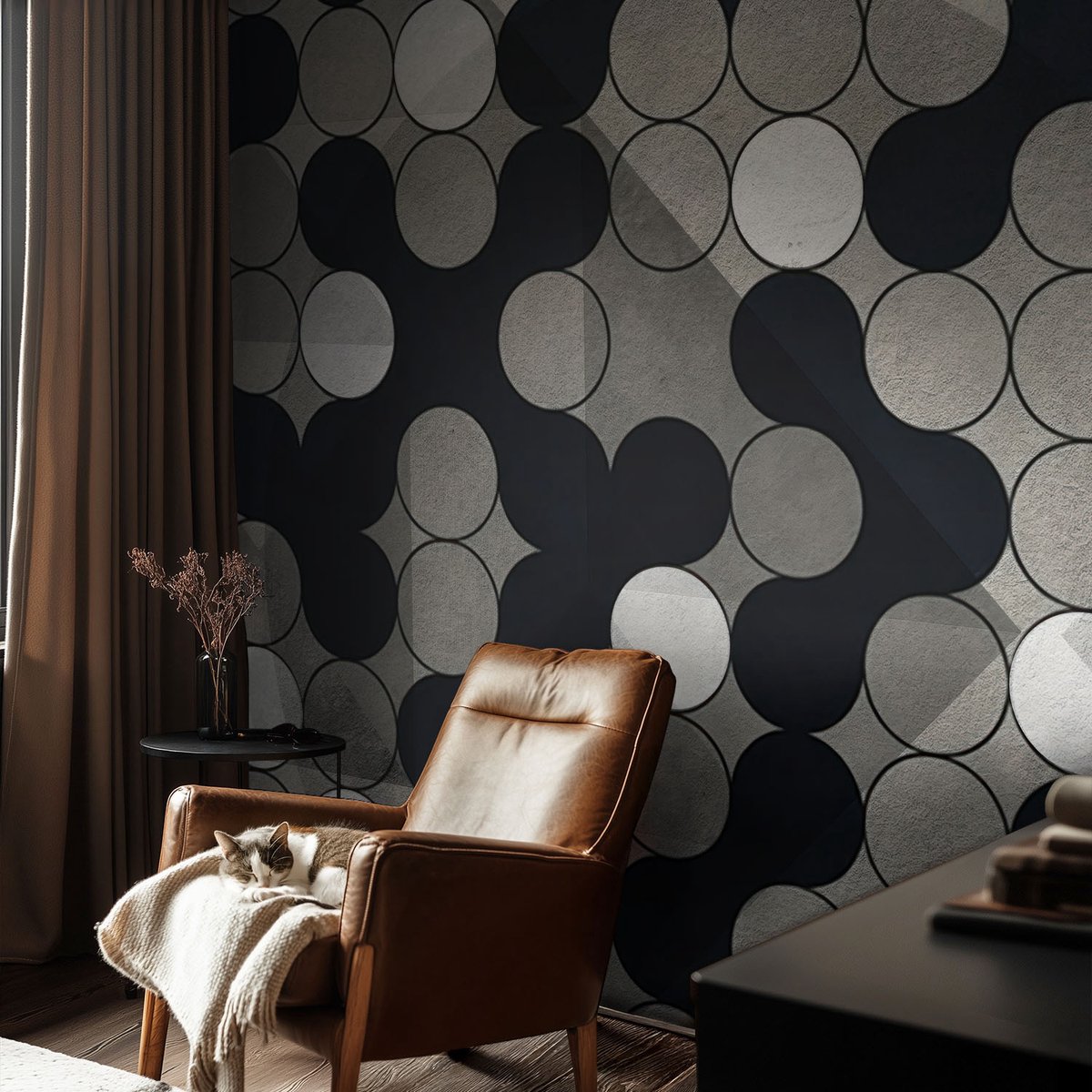 Coloray Vliesbehang - Zwart Snellijm Behang - 104x70 cm - Geometrische Cirkels Muurschildering - Gang behang Geometrie - Fotobehang Vlies - Gang behang