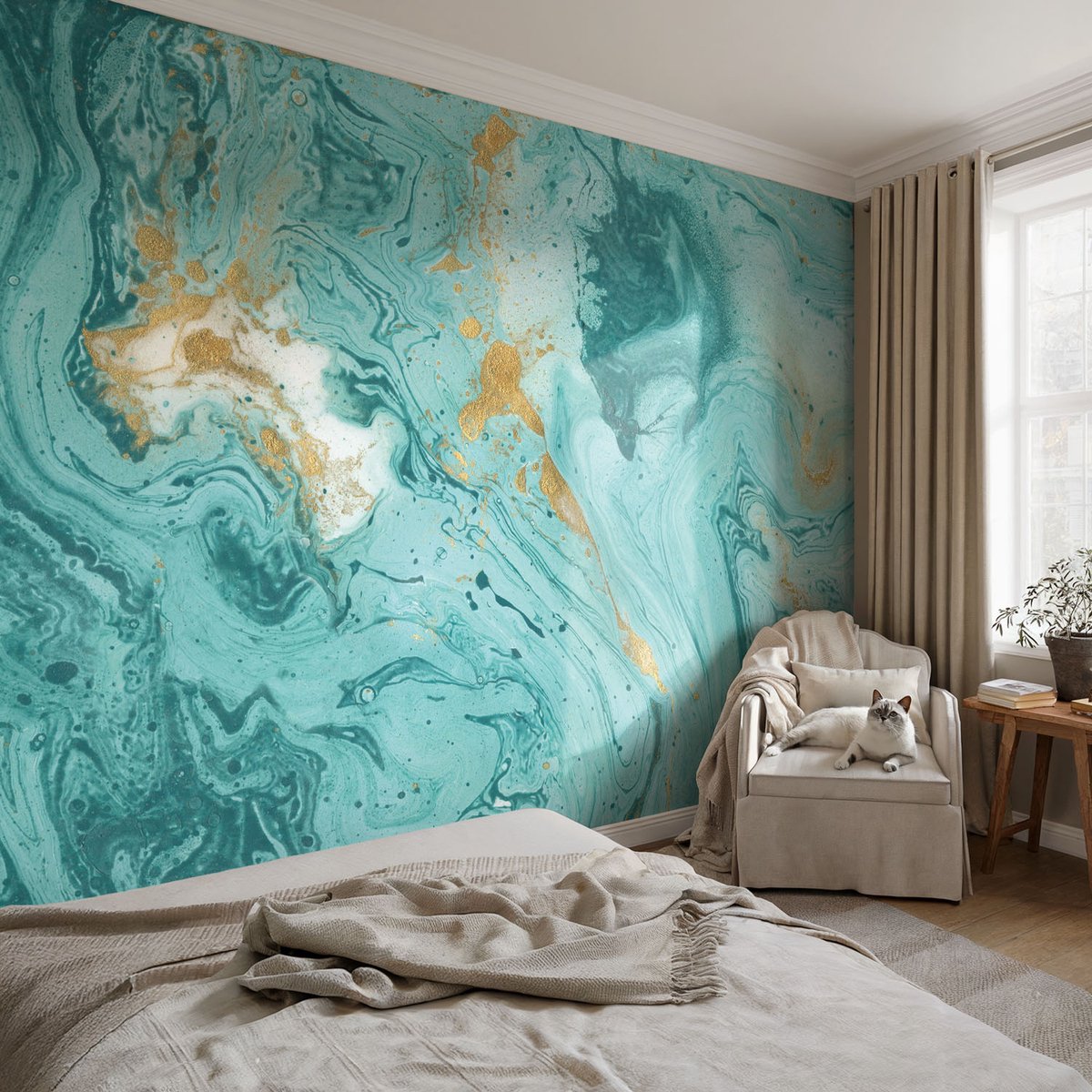 Coloray Vliesbehang - Blauw Snellijm Behang - 104x70 cm - Zeegolven Fotobehang Vlies - Woonkamer behang Abstractie - Muurschildering - Woonkamer behang