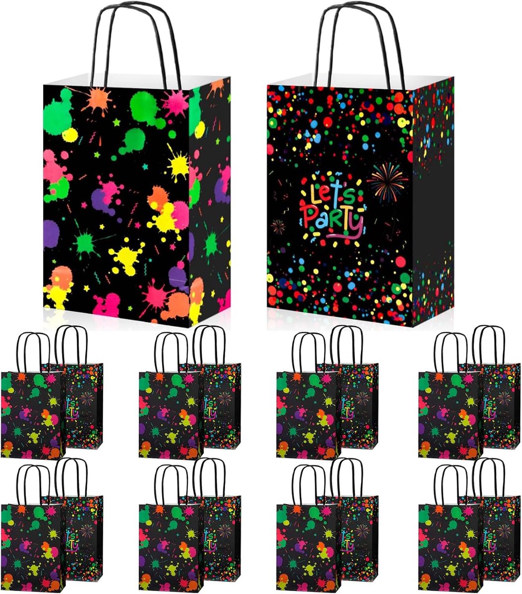 16 stuks papieren zakken met handgrepen, cadeauzakjes voor neonfeesten, papieren zakken met handvat, cadeauzakjes voor feestelijke glow in dark, voor verjaardagen en neonfeestjes