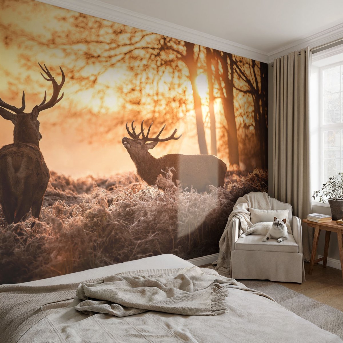 Coloray Vliesbehang - Oranje Snellijm Behang - 152x104 cm - Herten In De Ochtend Muurschildering - Slaapkamer behang Dieren - Fotobehang Vlies - Slaapkamer behang