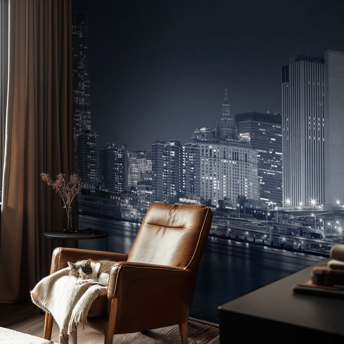 Coloray Vliesbehang - Zwart-Wit Snellijm Behang - 152x104 cm - Nachtstad Muurschildering - Gang behang Steden - Fotobehang Vlies - Slaapkamer behang