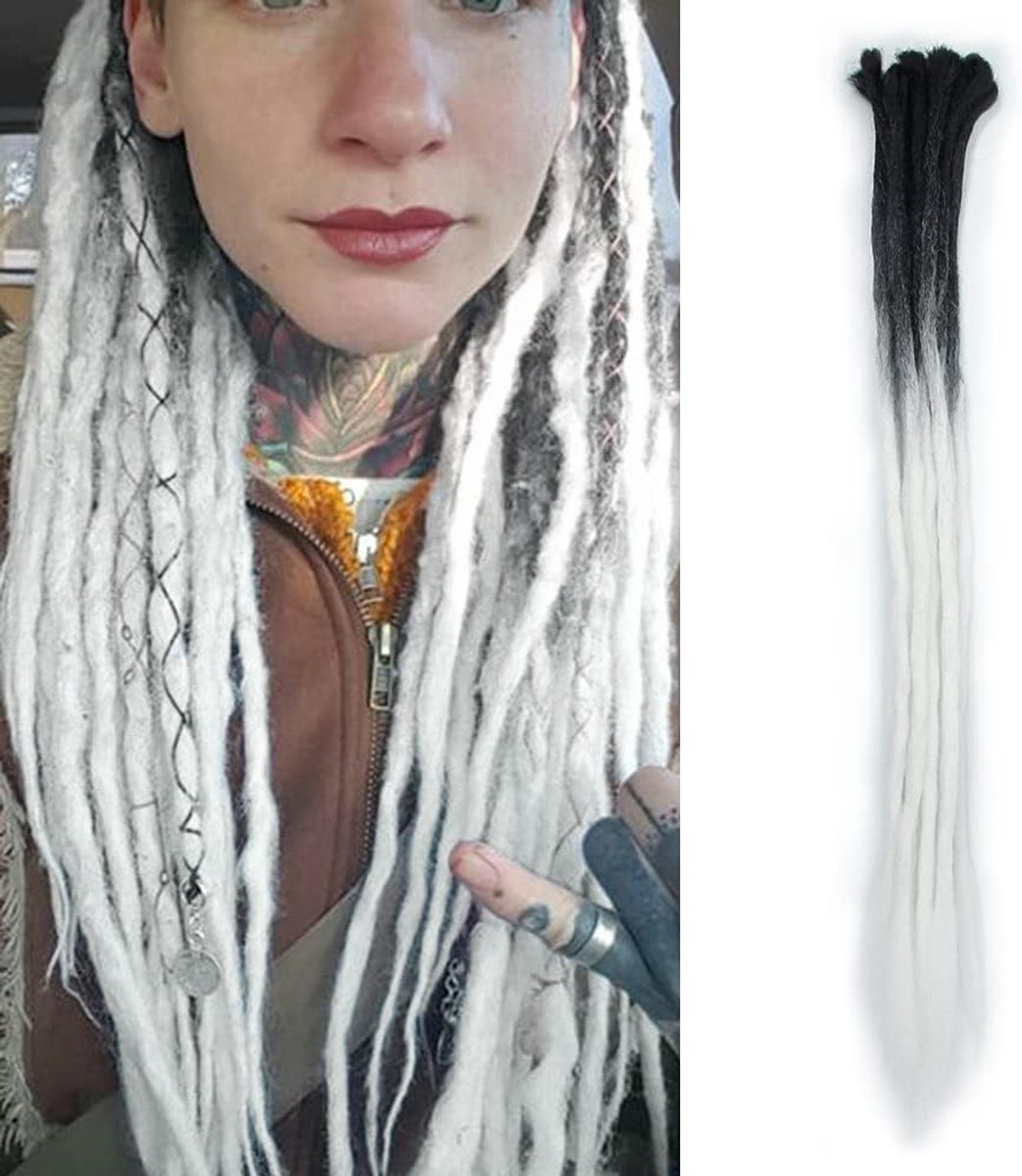 61 cm, 10 strengen, synthetische handgemaakte dreadlock extensions, ombre dreadlocks twist vlechten, haar, gevlochten reggae dreads (zwart + wit)