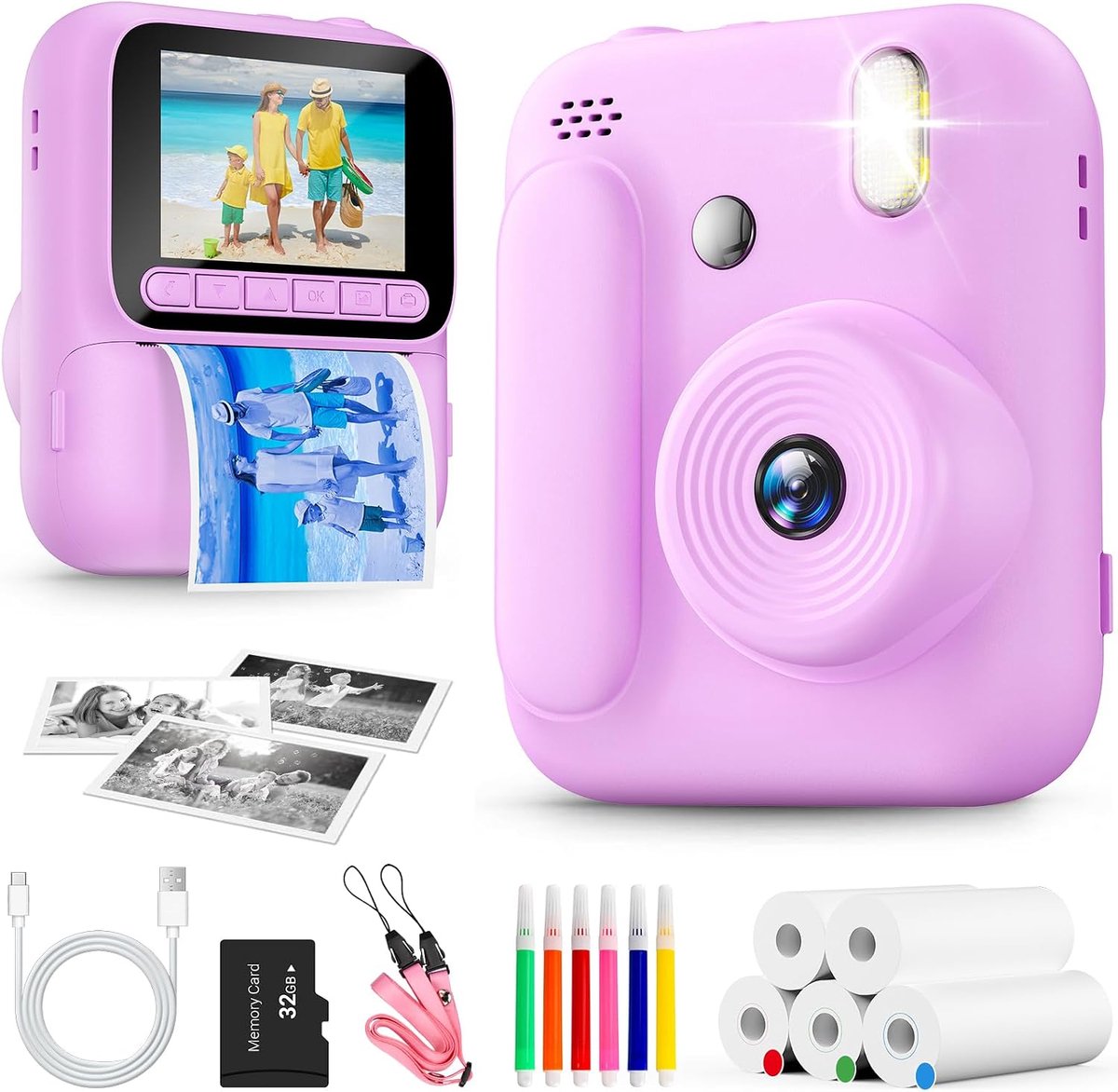 Print Camera voor kinderen, 1080P Instant Camera met 5 rollen printpapier, 32GB kaart en gekleurde pennen, draagbare digitale camera voor jongens en meisjes van 3-14 jaar-Paars