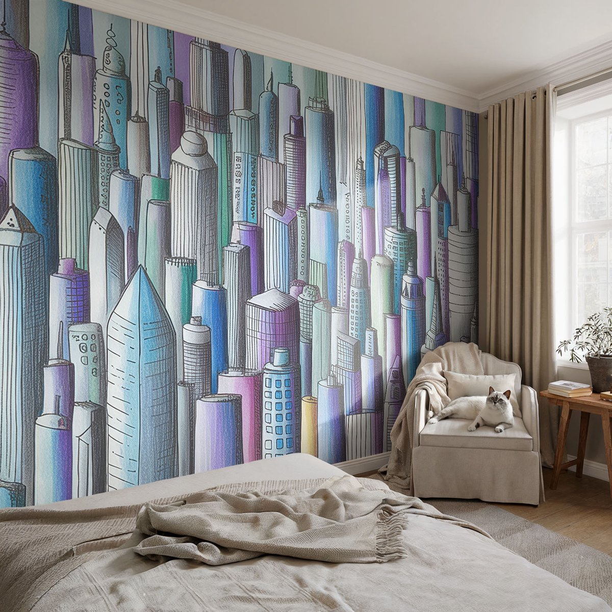 Coloray Vliesbehang - Zwart Snellijm Behang - 104x70 cm - Stadswolkenkrabbers Fotobehang Vlies - Hal behang Architectuur - Muurschildering - Woonkamer behang
