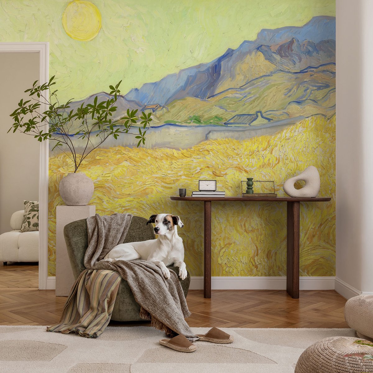 Coloray Vliesbehang - Geel Snellijm Behang - 104x70 cm - Tarweveld Fotobehang Vlies - Woonkamer behang Landschappen - Muurschildering - Hal behang