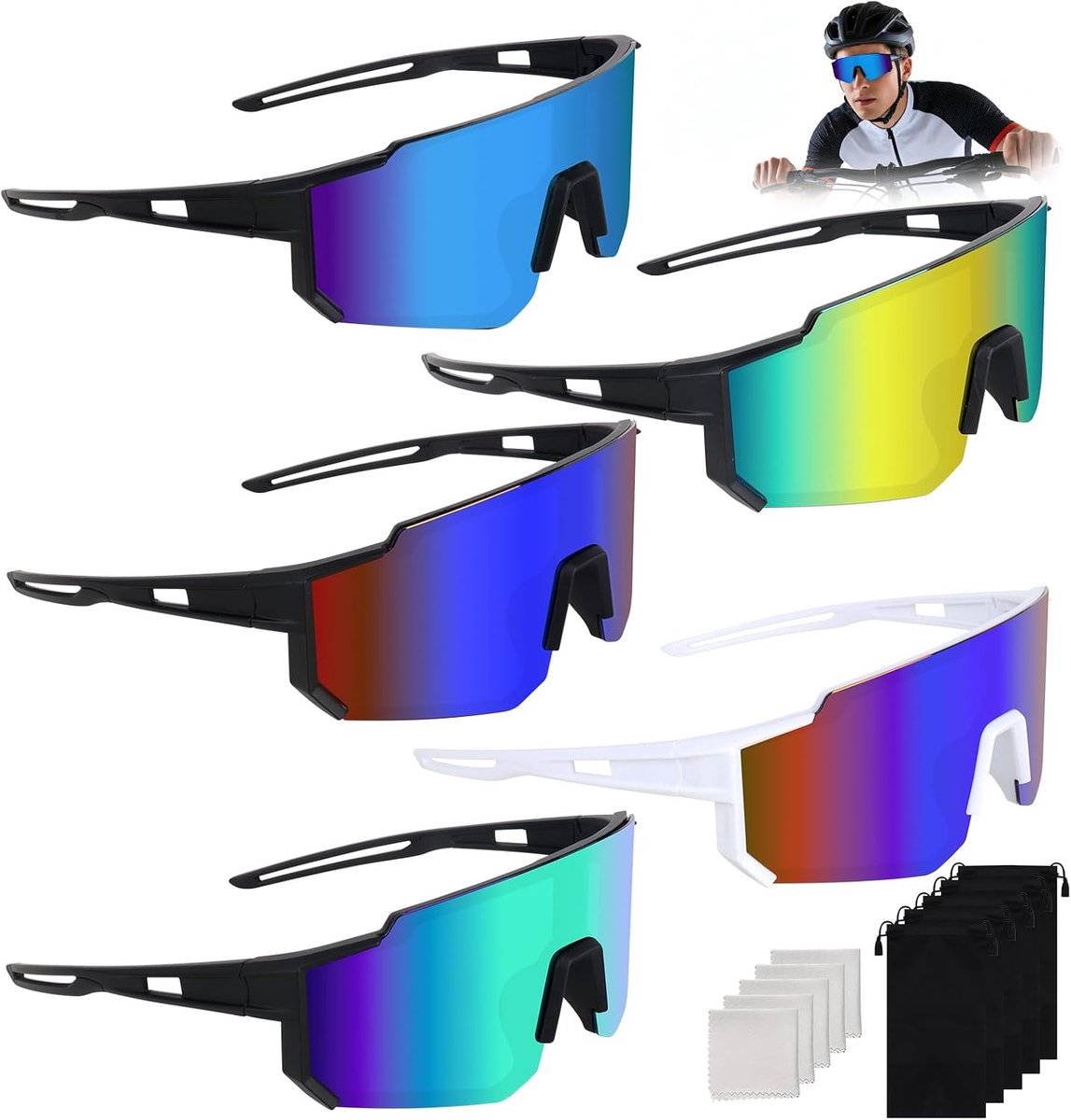 5 stuks sportzonnebril, snelle bril voor heren en dames, gepolariseerde fietsbril, winddicht, UV 400-veiligheidsbril voor heren en dames, voor MTB, racefiets, fietsen, skiën, rave