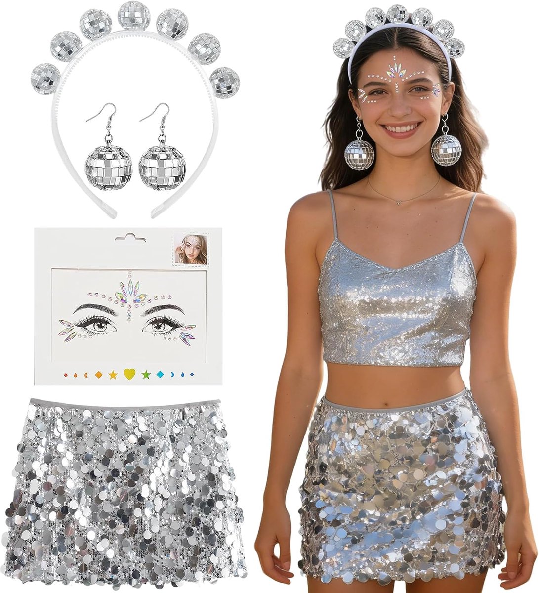 Kostuumset voor dames, bevat paillettenrok, disco oorbellen, haarband, tattoo-stickers, voor carnaval, oudejaarsavond jaren 70 en 80 kostuum verkleden