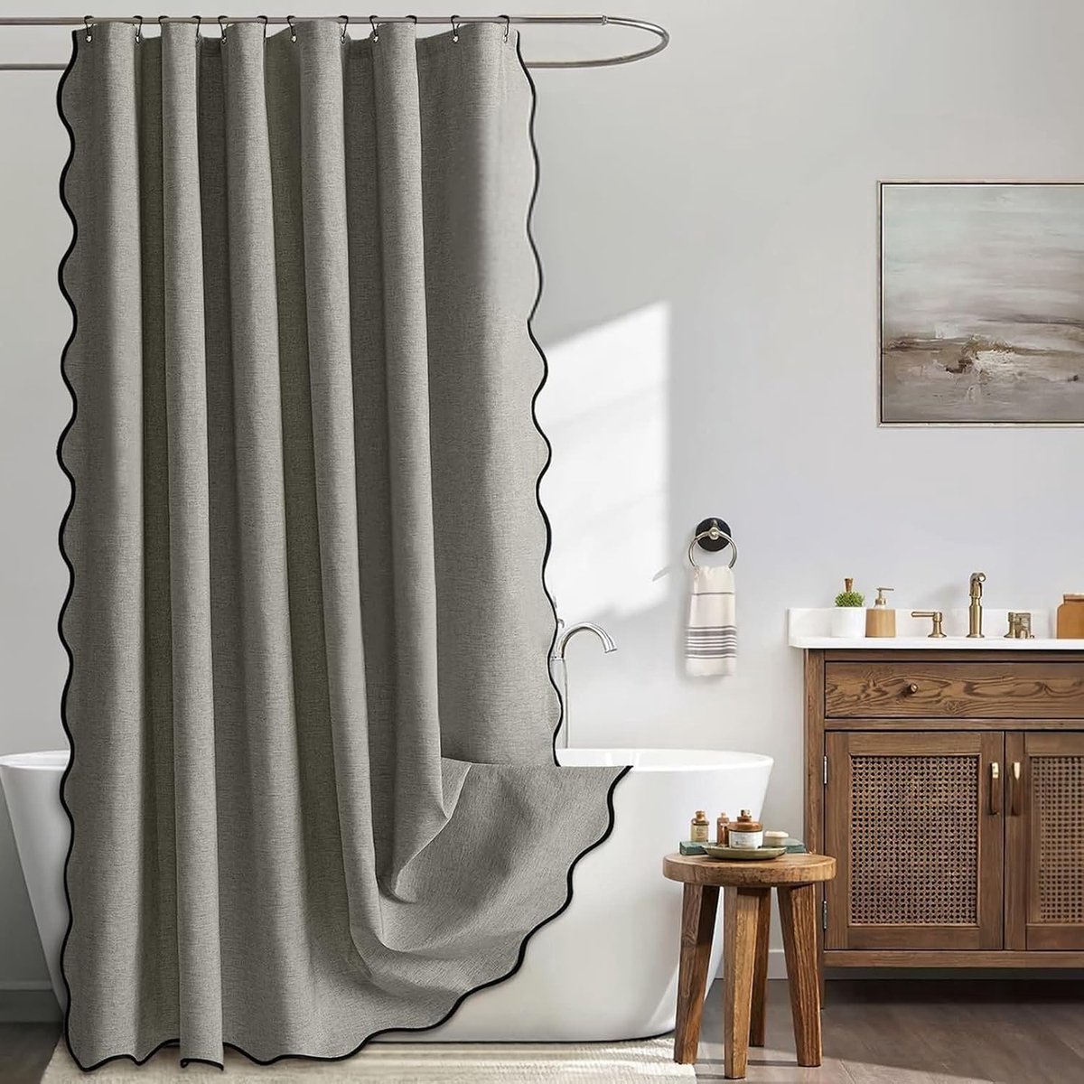 Douchegordijn, 90 x 180 cm, anti-schimmel, waterdicht, effen grijs met zwarte golf, badgordijn met 12 douchegordijnringen