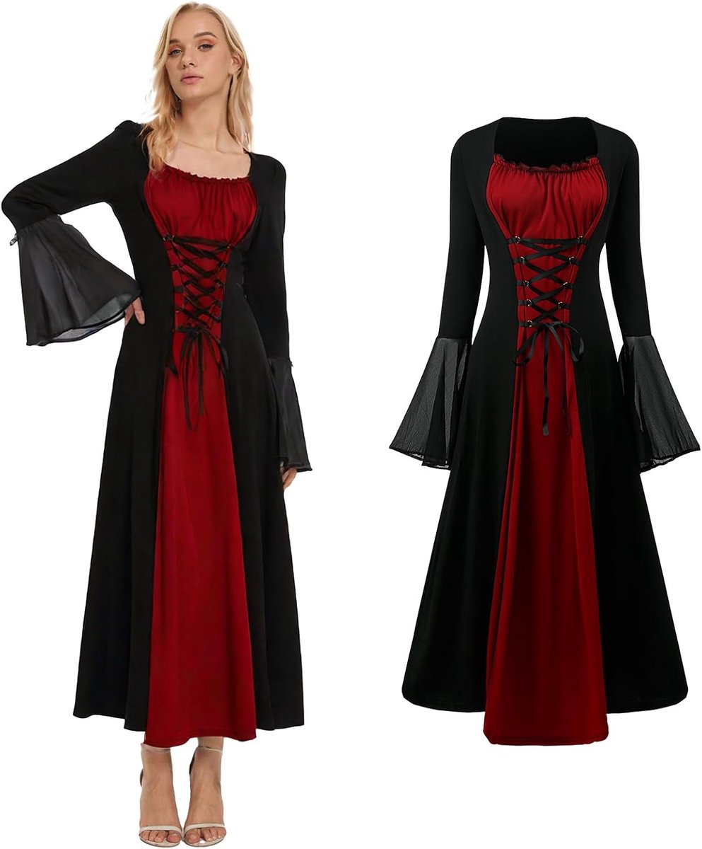 Renaissance-jurk voor dames, middeleeuws kostuum voor dames, met trompetmouwen, gothic, Victoriaanse jurk, voor carnaval, Halloween, feest