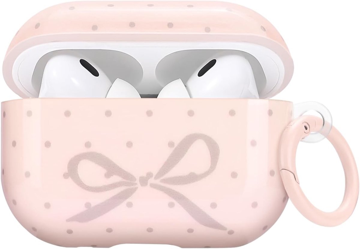 Roze beschermhoes voor Airpods Pro 2 gen, mooi design met grijze strik en stippenpatroon, met sleutelhanger voor meisjes en vrouwen, zachte TPU-behuizing voor Airpods Pro 2e generatie