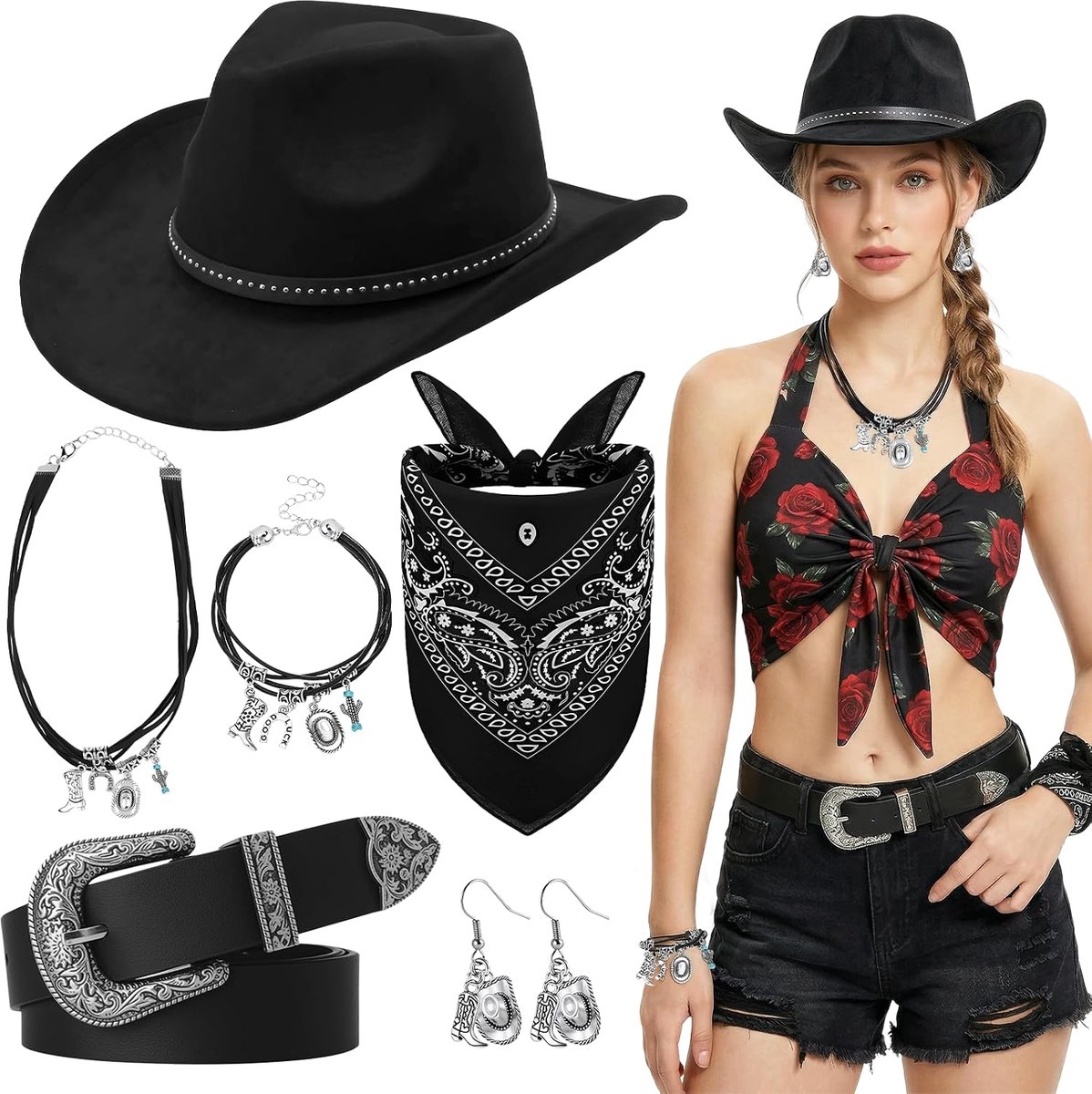 6 stuks cowboyhoedset voor dames, western cowgirl outfit dames met hoed armband halsketting oorbellen zakdoek riem cowboy kostuum accessoires set voor volwassenen party Halloween carnaval themafeesten