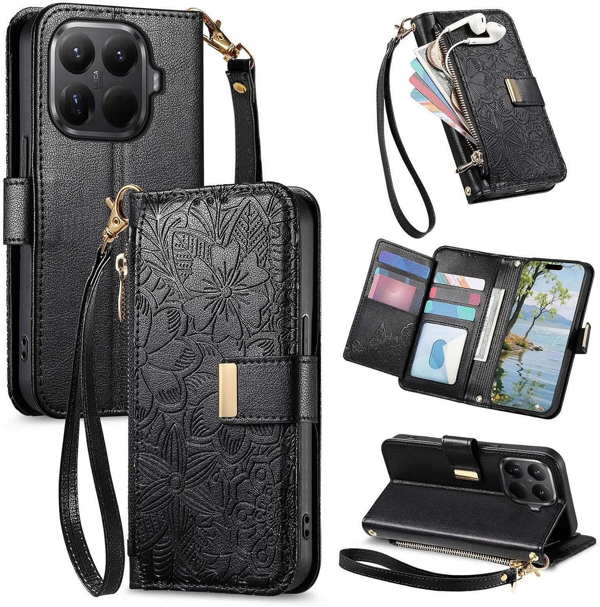 Telefoonhoesje voor Xiaomi 17T 5G, klaphoes, leren klaphoes met ritssluiting, kaartsleuven, standaard, band, bloemen, beschermhoes, dames, portemonnee, flip case, zwart