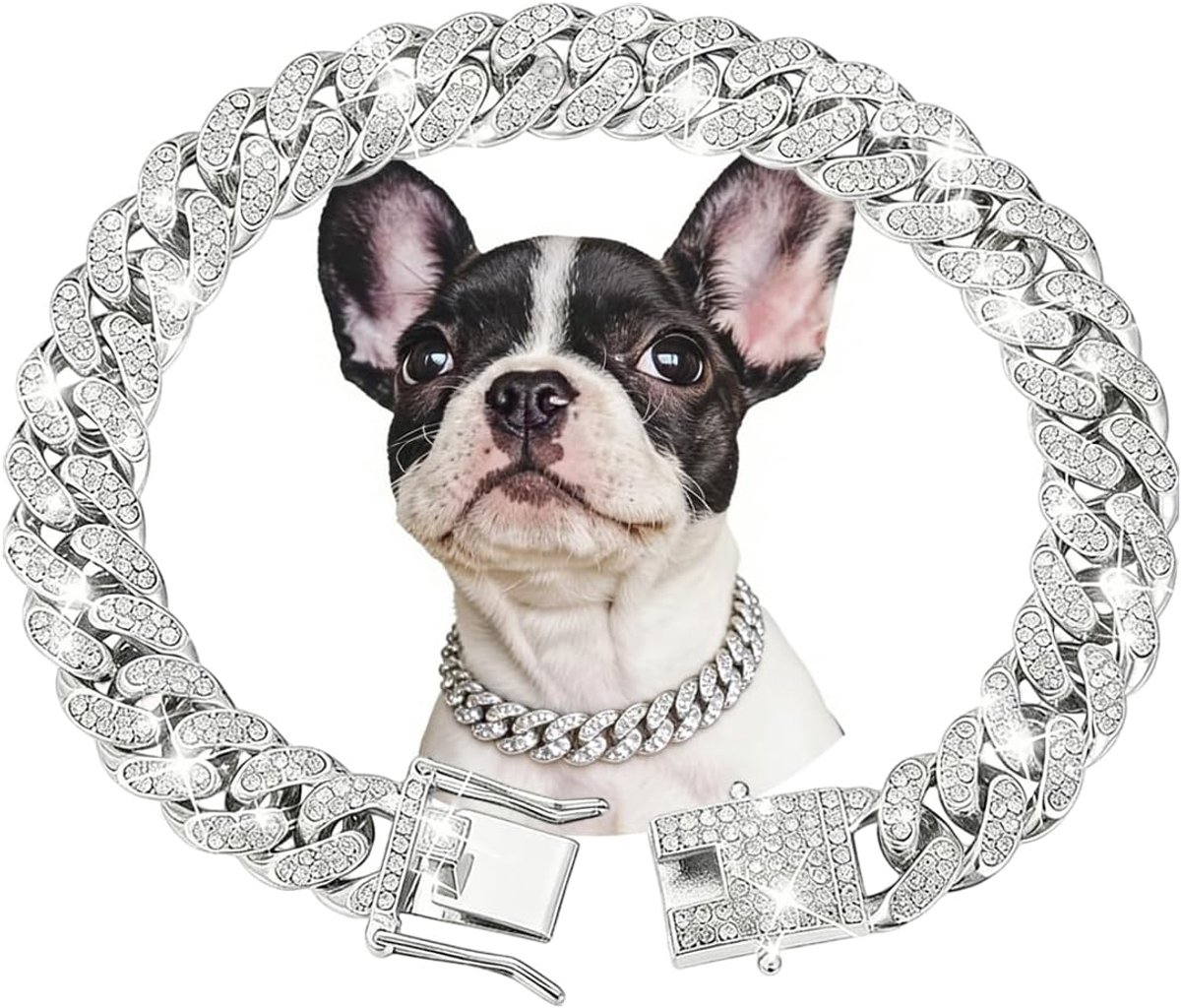 Hond ketting halsbanden, Diamond Cubaanse link hond ketting wandelen metalen hond ketting met veilige gesp puppy kat ketting kraag huisdier sprankelende sieraden accessoires voor kleine
