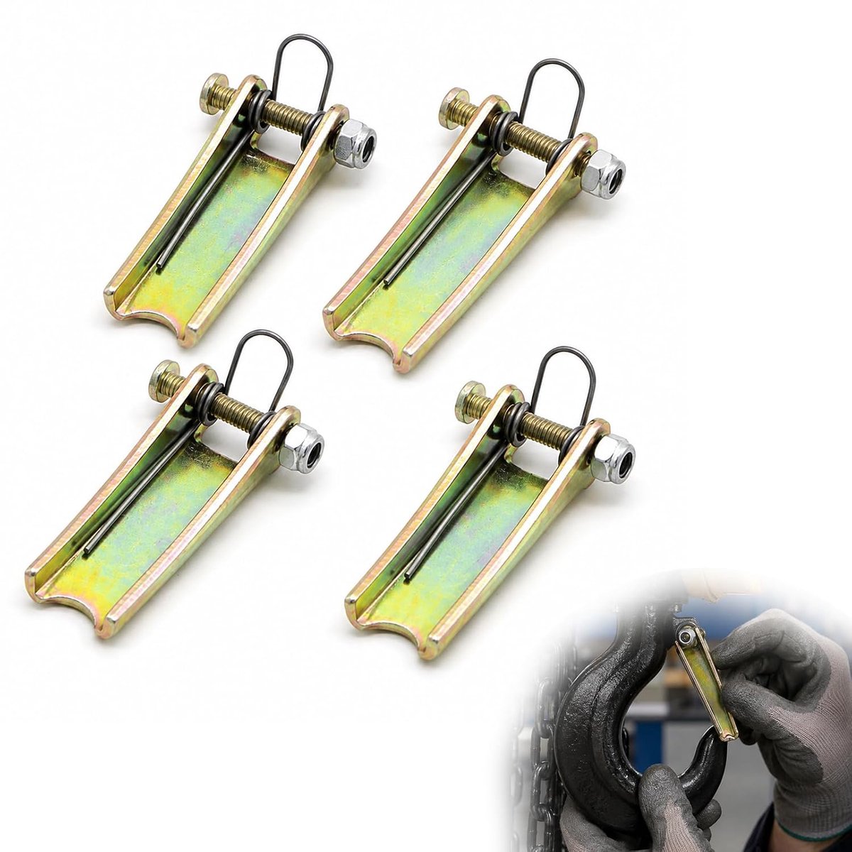 4 stuks vorkhaken veiligheidssluiting M4, Pair Towing Hook Eye, wervellasthaak oog 1T zekering, staal goud, voor hefhaken, katrol, kraanhaken en lastopnamen